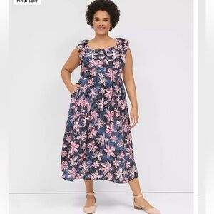 Lane Bryant Sleeveless Ruffle Trim Midi Dress Navy Pink Floral Size 26 NWT